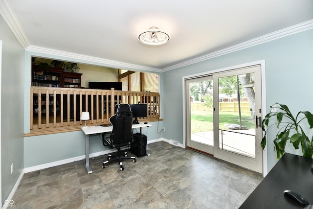 2700 Yellowwood Ct, Columbus, IN 47203 - office area with ornamental molding, stone finish flooring, and baseboards