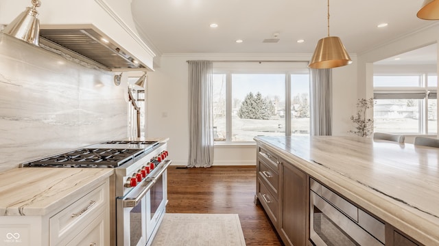 kitchen with stainless steel appliances, dark wood finished floors, crown molding, light stone counters, and recessed lighting