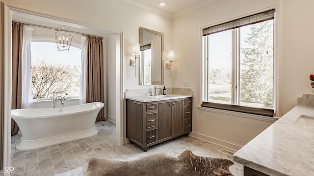 bathroom with vanity, a freestanding tub, healthy amount of natural light, and crown molding