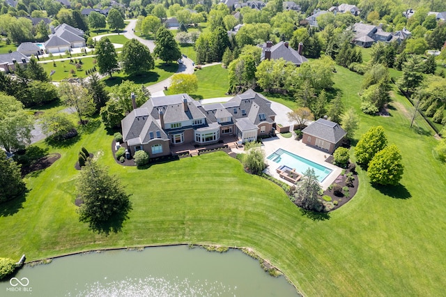aerial view of a large body of water and a pool