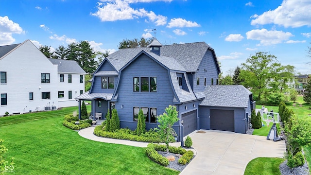 5120 Melbourne Pl, Zionsville, IN 46077 - view of front of house featuring concrete driveway, a front yard, an attached garage, and a shingled roof