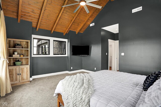5120 Melbourne Pl, Zionsville, IN 46077 - bedroom featuring wood ceiling with exposed beams, carpet flooring, baseboards, high vaulted ceiling, and a ceiling fan