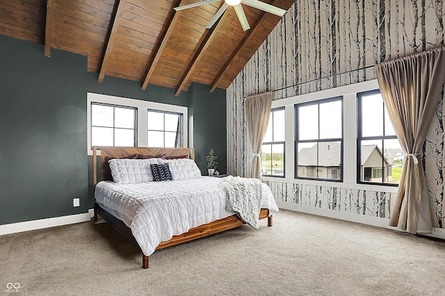5120 Melbourne Pl, Zionsville, IN 46077 - bedroom featuring high vaulted ceiling, wood ceiling with exposed beams, carpet floors, and baseboards
