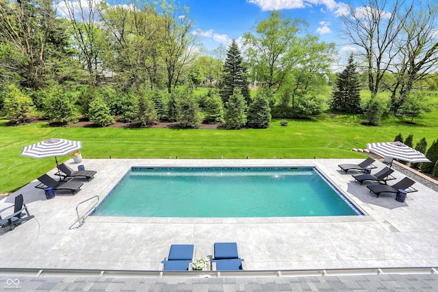 5120 Melbourne Pl, Zionsville, IN 46077 - outdoor pool with a lawn, a patio area, and view of wooded area