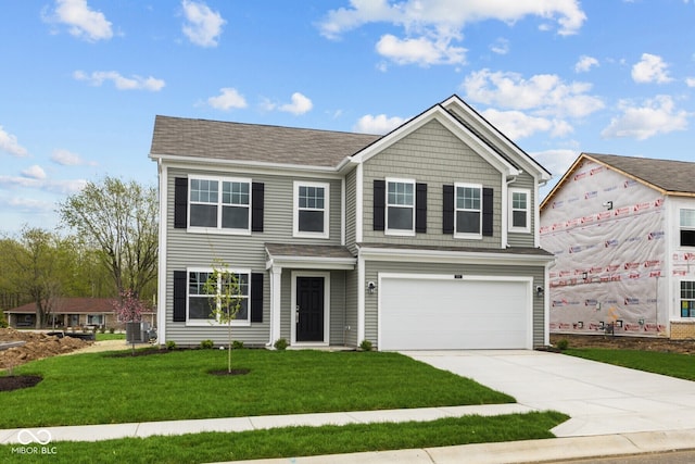 3913 Highcrest Rd, Indianapolis, IN 46239 - view of front of property with concrete driveway, an attached garage, a front yard, cooling unit, and a shingled roof