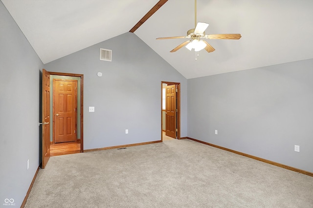 5371 Lue Ann Ln, Mooresville, IN 46158 - unfurnished bedroom with high vaulted ceiling, visible vents, baseboards, a ceiling fan, and light carpet