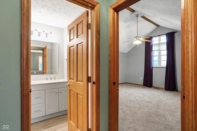 5371 Lue Ann Ln, Mooresville, IN 46158 - bathroom featuring a textured ceiling, baseboards, ceiling fan, vanity, and vaulted ceiling