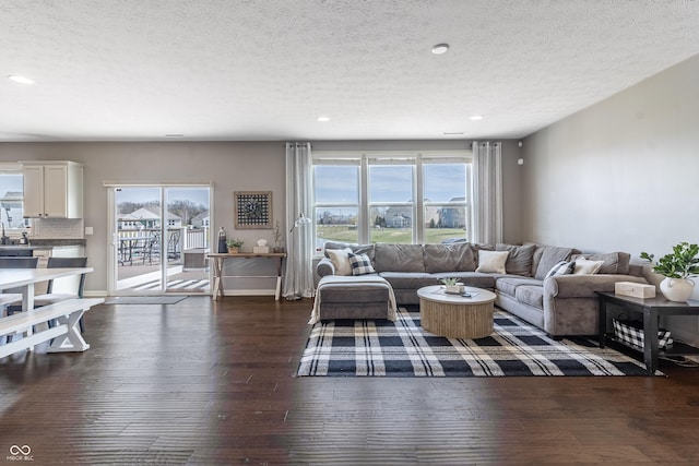 12959 Balfour Rd, Fishers, IN 46037 - living area featuring dark wood finished floors, healthy amount of natural light, recessed lighting, and a textured ceiling