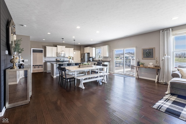 12959 Balfour Rd, Fishers, IN 46037 - dining space featuring dark wood-style floors, a textured ceiling, baseboards, and recessed lighting