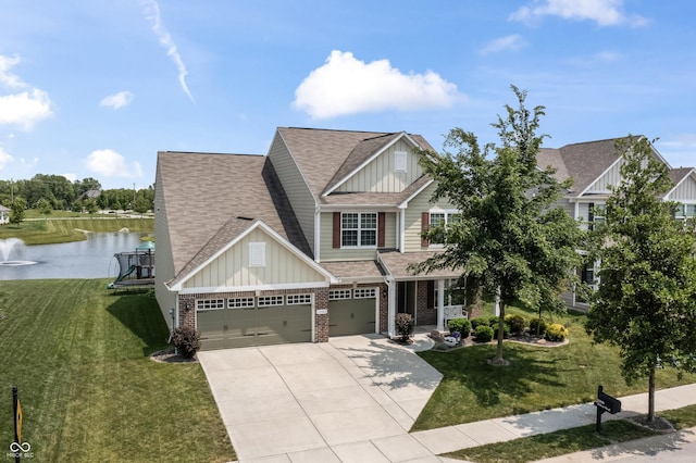 12959 Balfour Rd, Fishers, IN 46037 - craftsman-style house with board and batten siding, driveway, a water view, a front yard, and roof with shingles