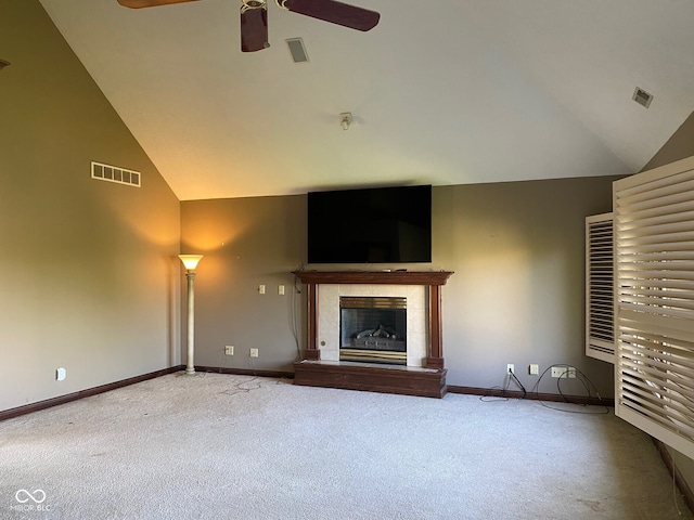 11967 Windpointe Pass, Carmel, IN 46033 - unfurnished living room with vaulted ceiling, carpet, ceiling fan, baseboards, and a high end fireplace