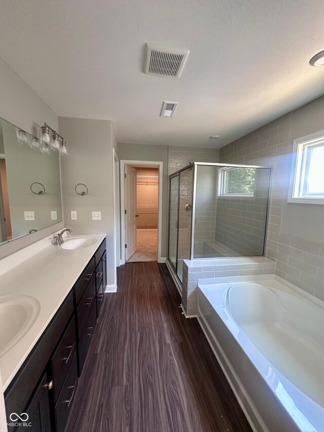 6887 Oakdale Ln, Avon, IN 46123 - full bath featuring a garden tub, a stall shower, double vanity, wood finished floors, and a walk in closet