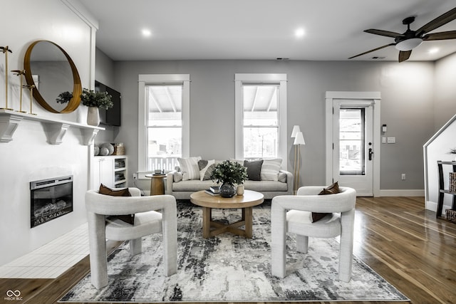 1665 N College Ave, Indianapolis, IN 46202 - living area featuring ceiling fan, a premium fireplace, wood finished floors, recessed lighting, and baseboards