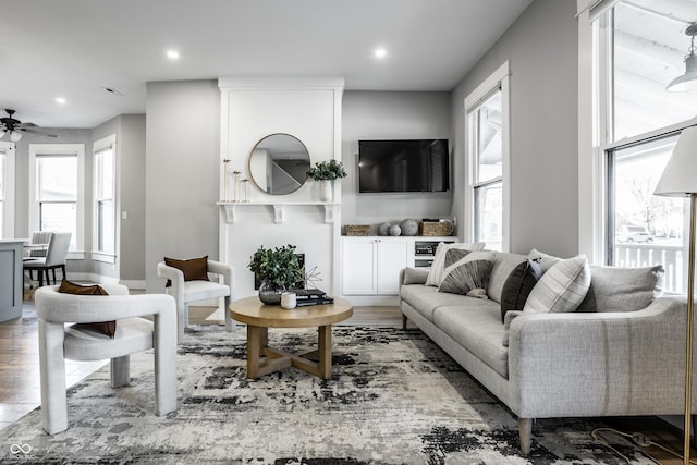 1665 N College Ave, Indianapolis, IN 46202 - living area featuring recessed lighting, ceiling fan, and wood finished floors
