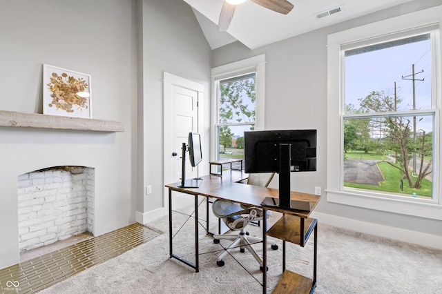 1665 N College Ave, Indianapolis, IN 46202 - office with carpet floors, plenty of natural light, ceiling fan, and vaulted ceiling