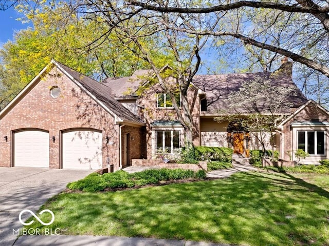 view of front facade featuring brick siding, a garage, a front yard, and concrete driveway