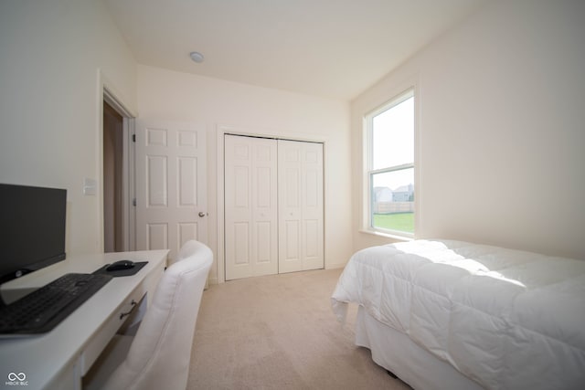 bedroom with a closet and light carpet
