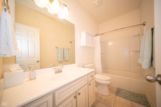 full bathroom with vanity, shower / tub combo, tile patterned floors, and toilet
