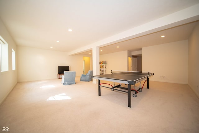 game room with carpet floors, recessed lighting, and baseboards