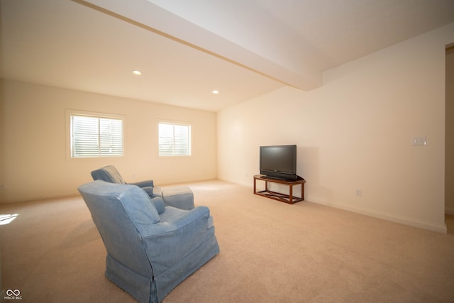 living room with recessed lighting, carpet, baseboards, and beamed ceiling