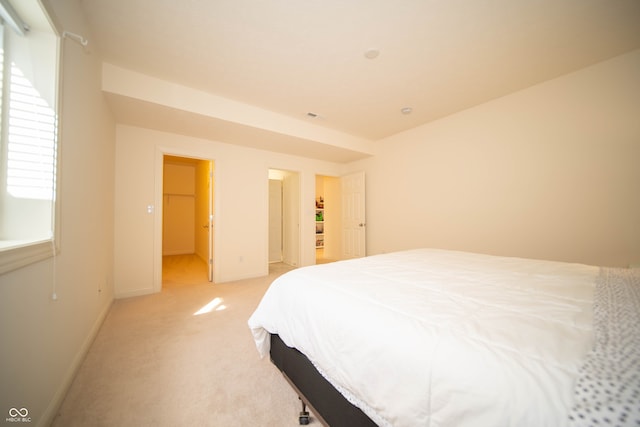 bedroom featuring a spacious closet, baseboards, and light colored carpet