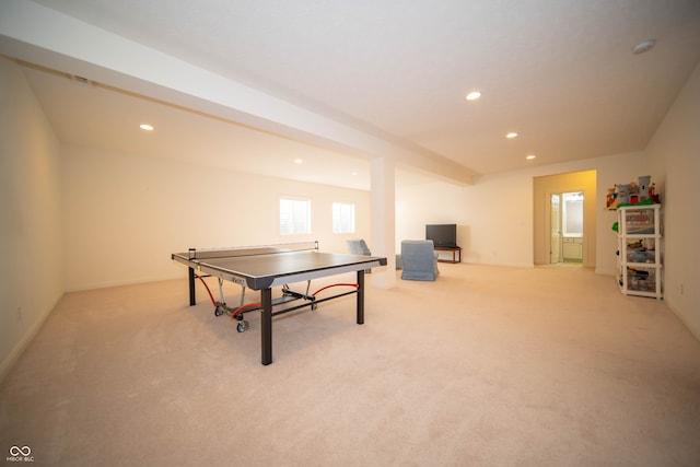 playroom with recessed lighting, baseboards, and light colored carpet
