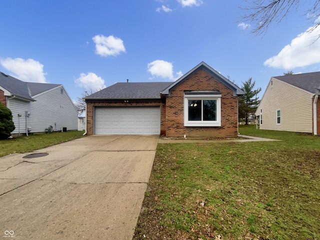view of front of house with driveway, roof with shingles, an attached garage, brick siding, and a front lawn