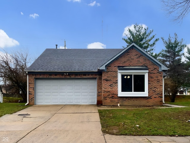 view of front of house featuring a garage, brick siding, a front lawn, roof with shingles, and driveway