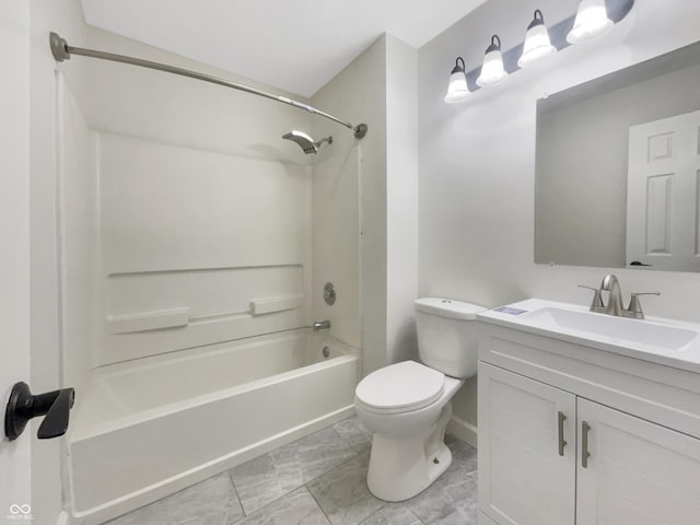 full bath featuring marble finish floor, shower / tub combination, toilet, and vanity