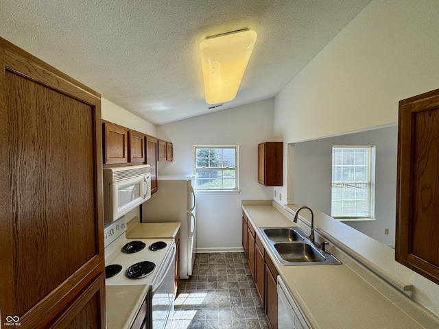 kitchen with a sink, white appliances, lofted ceiling, and light countertops