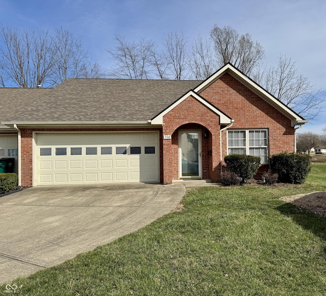 single story home with brick siding, a shingled roof, a front yard, a garage, and driveway
