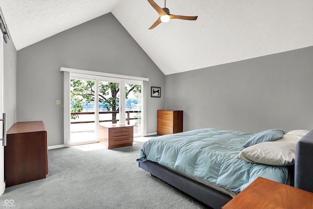 22 Point Ln, Arcadia, IN 46030 - carpeted bedroom featuring access to outside, high vaulted ceiling, a ceiling fan, and a textured ceiling