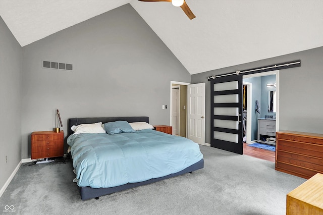 22 Point Ln, Arcadia, IN 46030 - carpeted bedroom with high vaulted ceiling, a ceiling fan, and ensuite bath