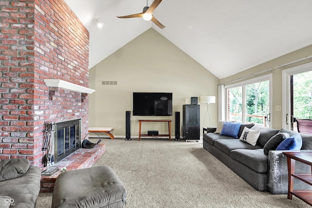 22 Point Ln, Arcadia, IN 46030 - carpeted living area with high vaulted ceiling, ceiling fan, and a fireplace