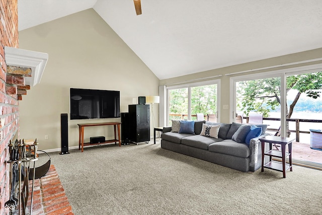 22 Point Ln, Arcadia, IN 46030 - living area with high vaulted ceiling, carpet flooring, a brick fireplace, and ceiling fan