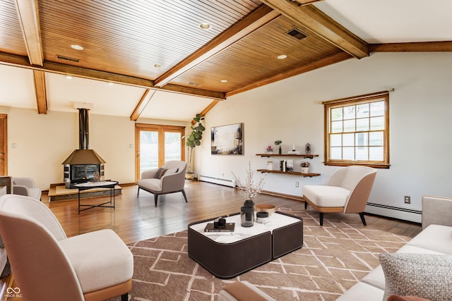 7859 N Chester Ave, Indianapolis, IN 46240 - living room featuring a baseboard heating unit, wood finished floors, plenty of natural light, wooden ceiling, and recessed lighting