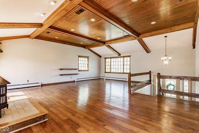 7859 N Chester Ave, Indianapolis, IN 46240 - unfurnished living room with a baseboard radiator, wood finished floors, a chandelier, and baseboards