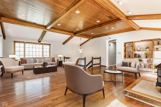 7859 N Chester Ave, Indianapolis, IN 46240 - living room featuring hardwood / wood-style flooring, a chandelier, and wooden ceiling