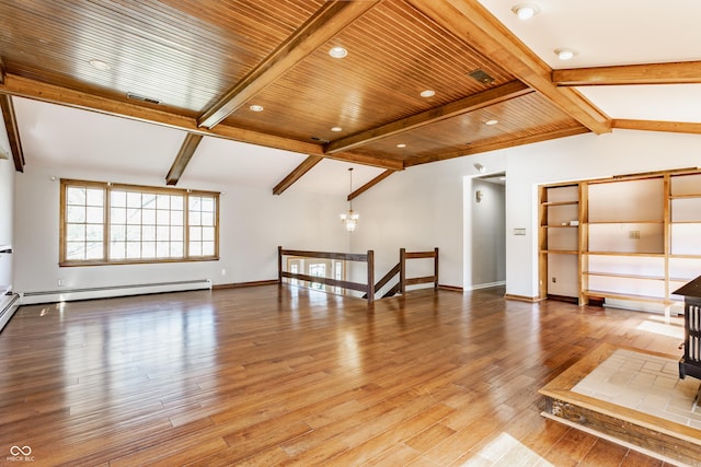 7859 N Chester Ave, Indianapolis, IN 46240 - unfurnished room featuring a chandelier, wood finished floors, a baseboard radiator, baseboards, and wood ceiling