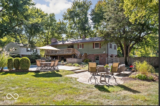 7859 N Chester Ave, Indianapolis, IN 46240 - back of house with a patio area, a chimney, brick siding, stairway, and outdoor dining area