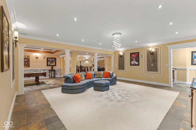 10821 Club Point Dr, Fishers, IN 46037 - living room featuring decorative columns, stone tile flooring, ornamental molding, and billiards