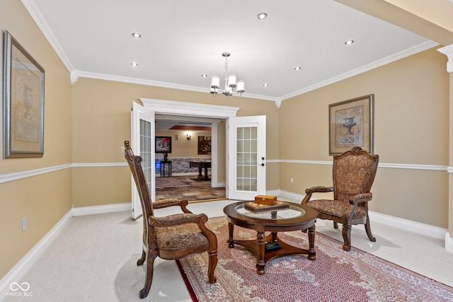 10821 Club Point Dr, Fishers, IN 46037 - sitting room with light colored carpet, crown molding, french doors, and baseboards