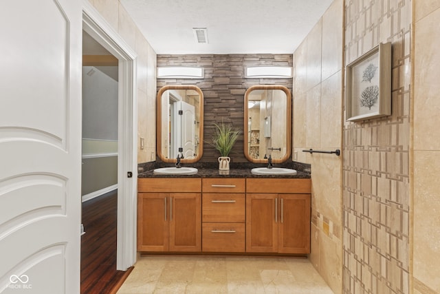 10821 Club Point Dr, Fishers, IN 46037 - bathroom with double vanity, a sink, visible vents, and a textured ceiling