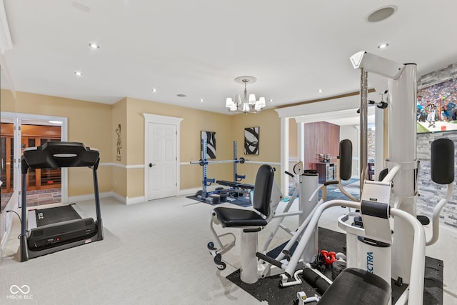 10821 Club Point Dr, Fishers, IN 46037 - workout room with baseboards, carpet flooring, a chandelier, and recessed lighting