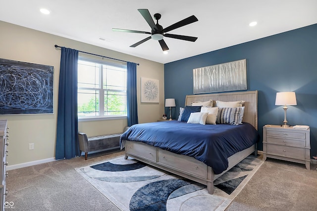 1684 Beach St, Greenwood, IN 46143 - carpeted bedroom featuring baseboards, visible vents, recessed lighting, and a ceiling fan