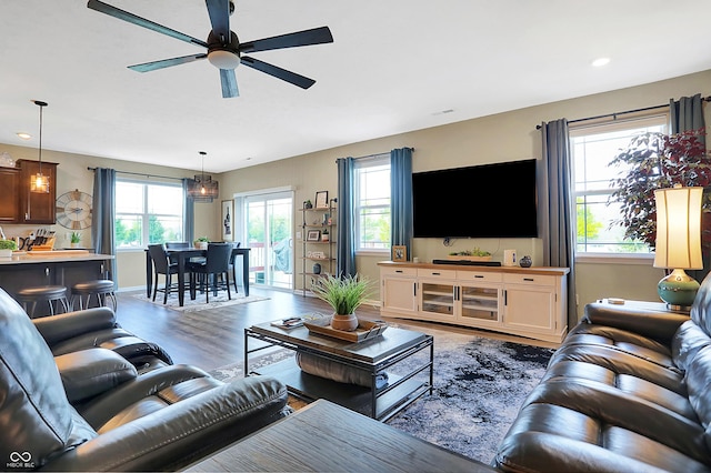 1684 Beach St, Greenwood, IN 46143 - living area featuring a ceiling fan, recessed lighting, baseboards, and wood finished floors