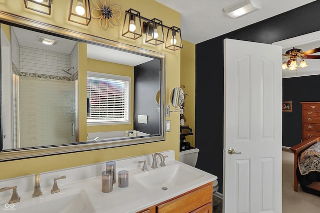 bathroom with a sink, visible vents, double vanity, and a stall shower