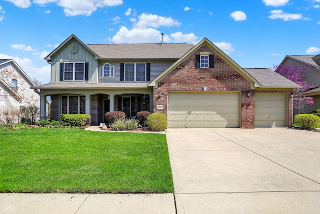 view of front of house featuring concrete driveway, board and batten siding, an attached garage, a front lawn, and brick siding