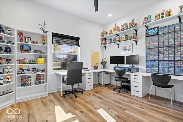 office area featuring light wood-type flooring and recessed lighting