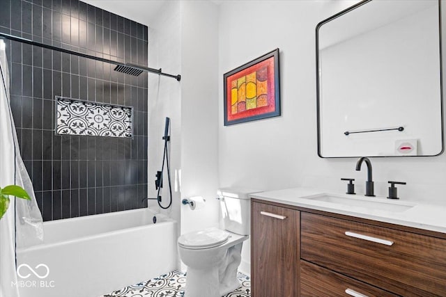 bathroom featuring vanity, shower / tub combo with curtain, and toilet